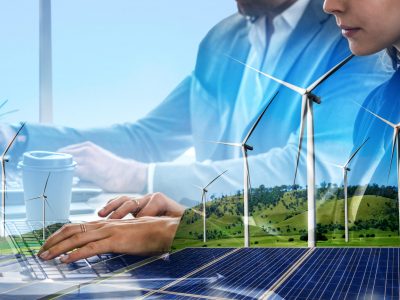 Double,Exposure,Graphic,Of,Business,People,Working,Over,Wind,Turbine